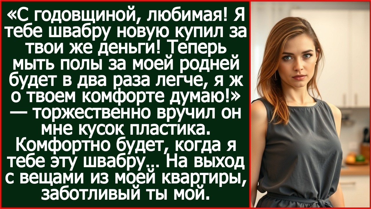 С годовщиной, любимая! Купил тебе швабру за твои деньги - будет удобнее мыть полы за моей родней!