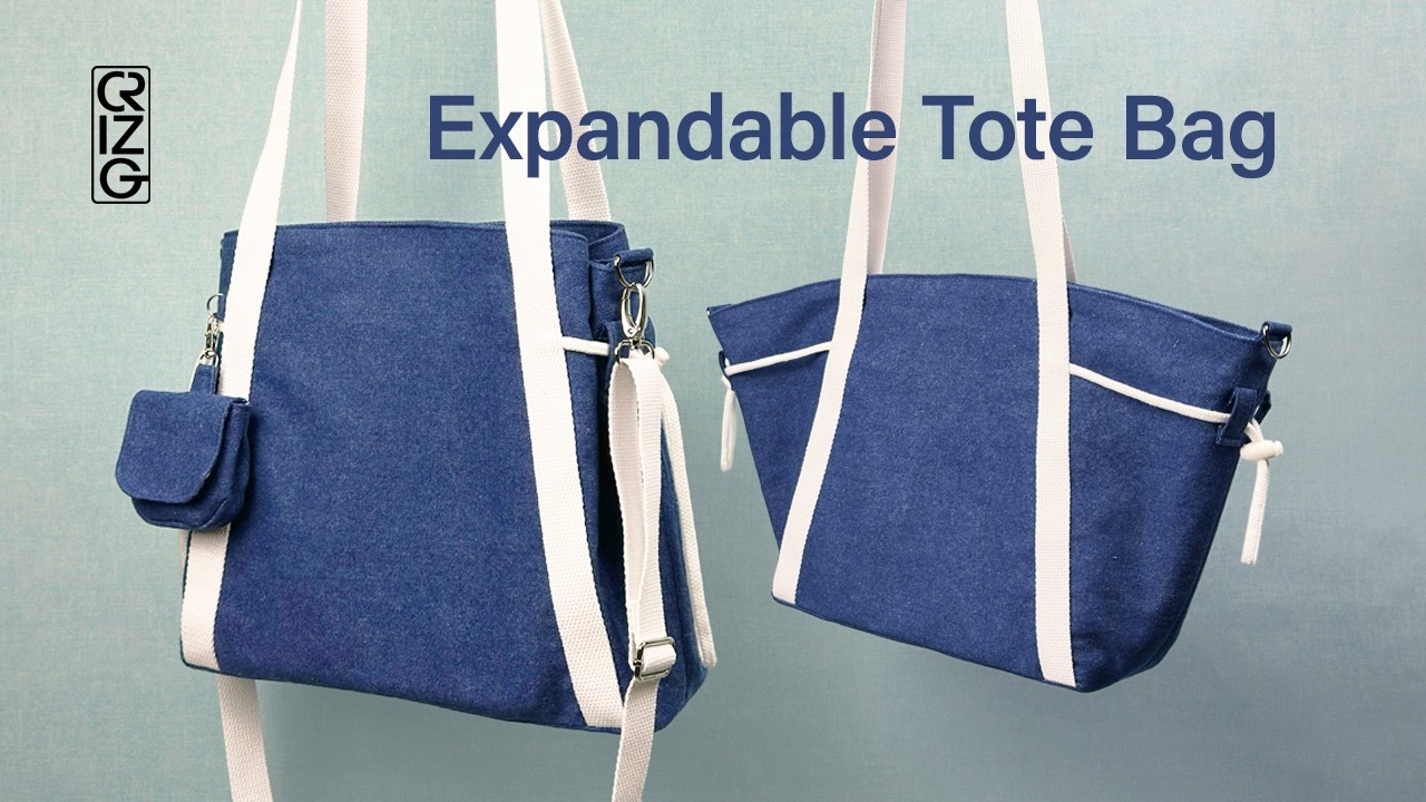 Expandable Tote Bag with adjustable cord and cord lock, Pattern included. DIY Tutorial.