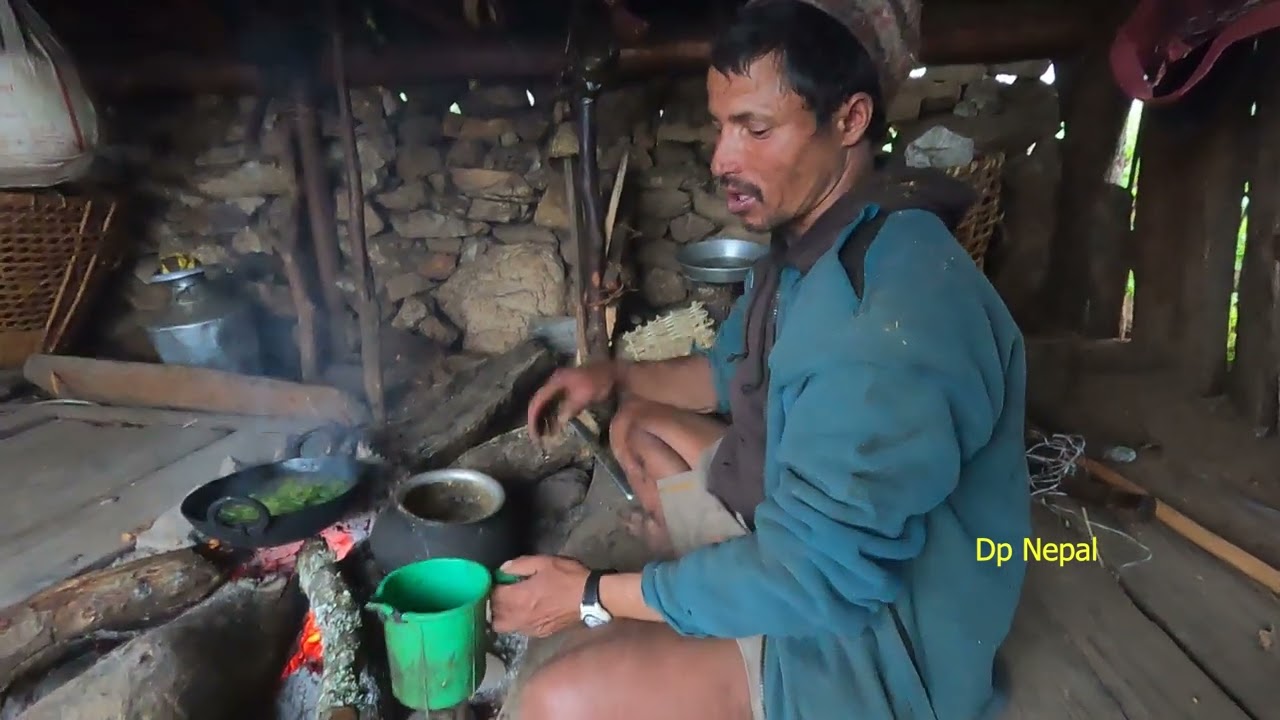 Himalaya cowherd food cooking in the himalayan side cow farm cow shelter cooking eating nepali food