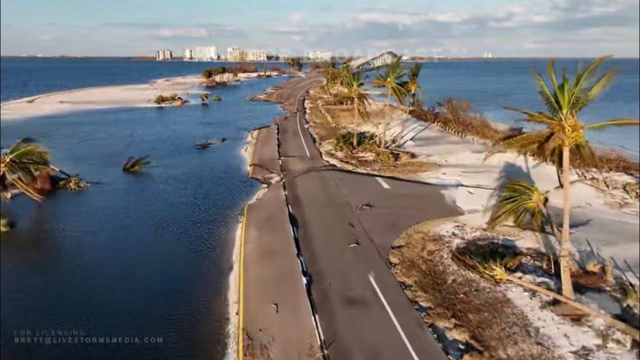 10-02-2022 Sanibel Island, FL - Hurricane Ian destroys causeway - Drone video