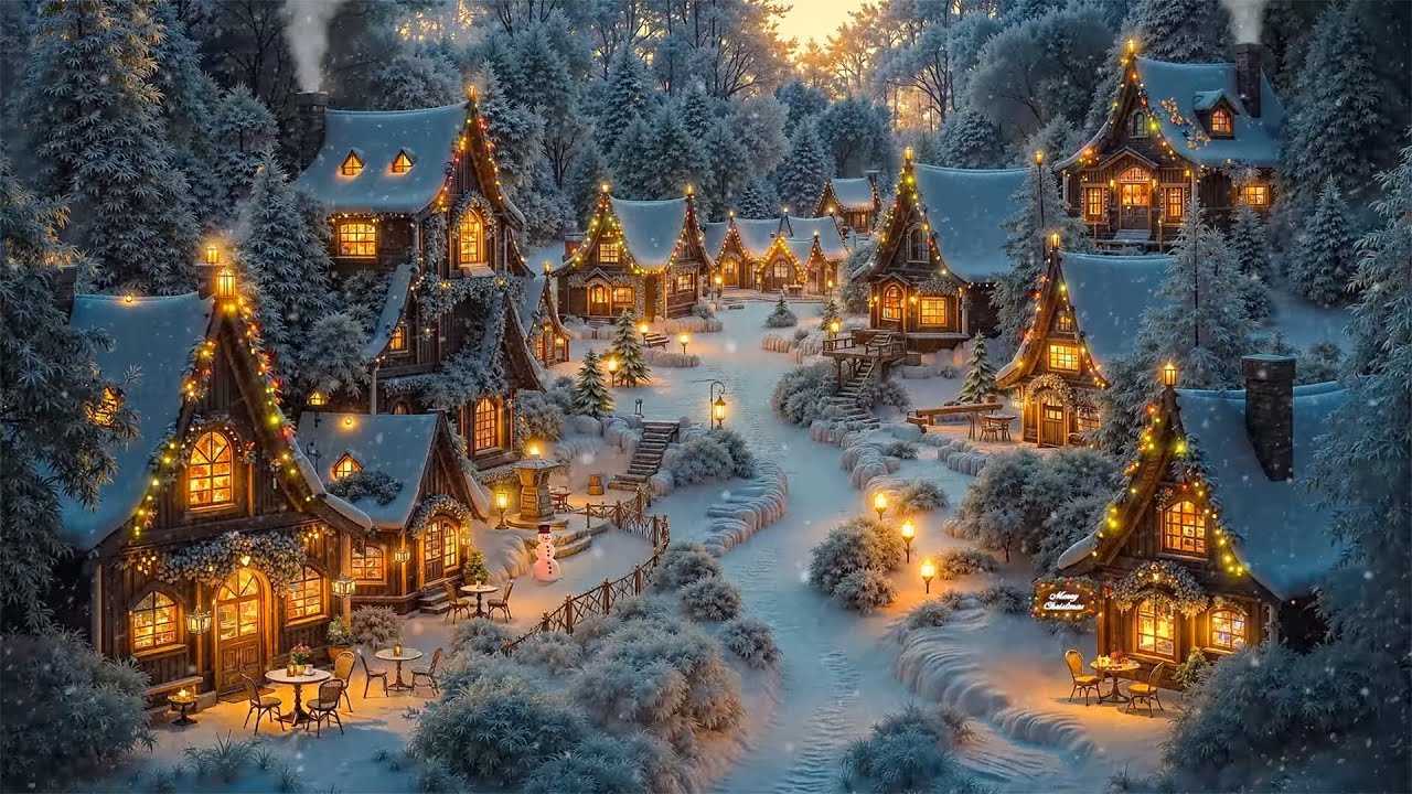 Enchanting Winter Village: Soothing Jazz ,Warm Snowy Caf&eacute;s &  Peaceful Ambience on a Winter Night ❄️