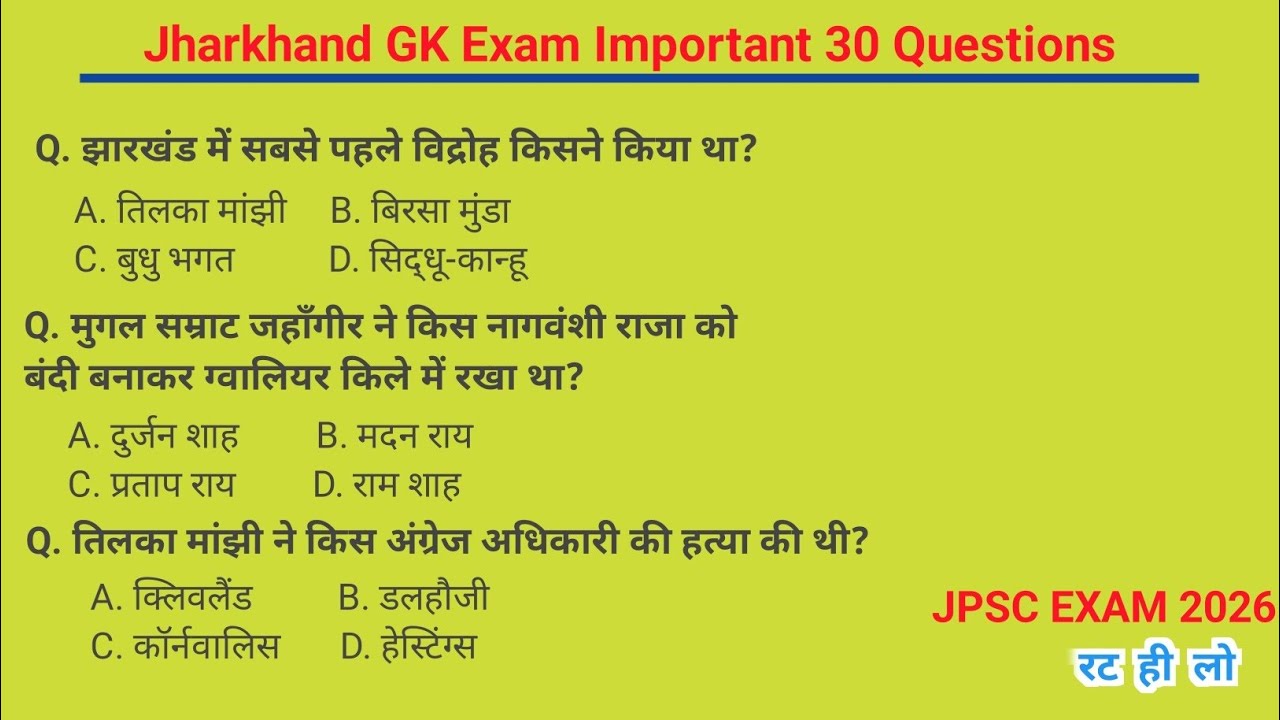 Jharkhand GK Important 30 Questions | JPSC Exam 2026 | Hard Level GK | MCQ GK 