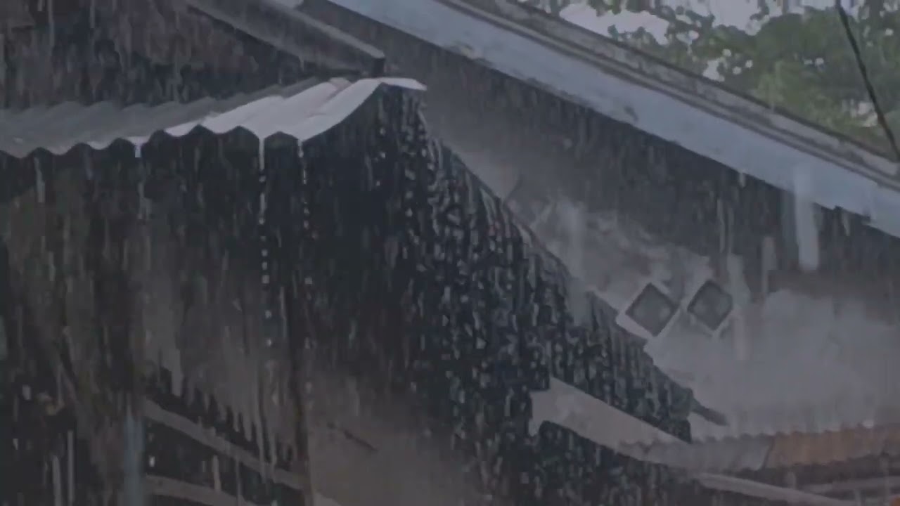Rain on tin roof under heavy rain and thunder sounds weaves a dramatic tapestry of sound intensity!!