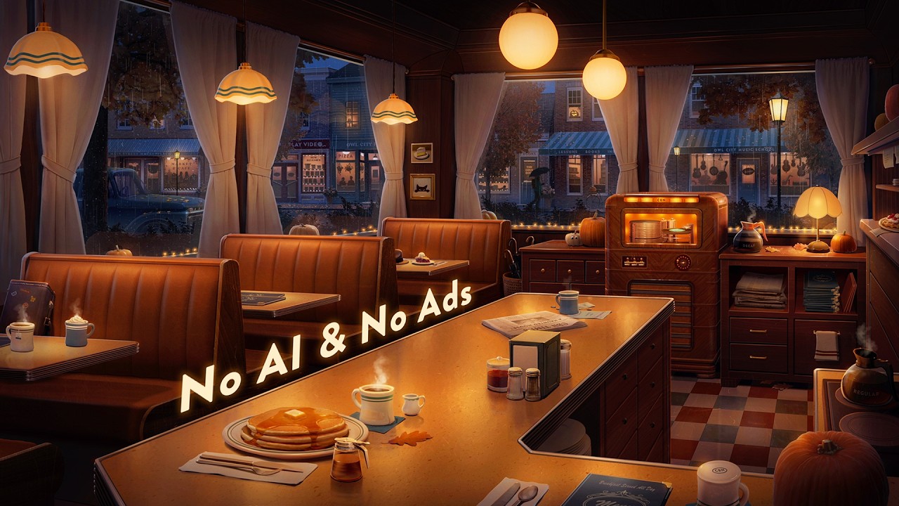 Cozy Fall Diner Ambience with Vintage Jazz, Soft Rain & Calm Cafe Sounds [No AI & No Mid-Roll Ads]