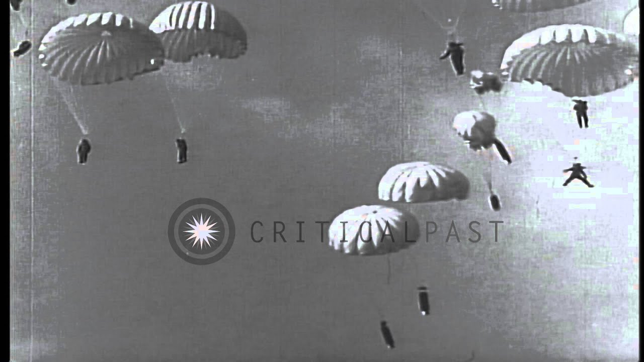 German paratroopers being dropped by German Junkers Ju-52/3m aircraft  in World W...HD Stock Footage