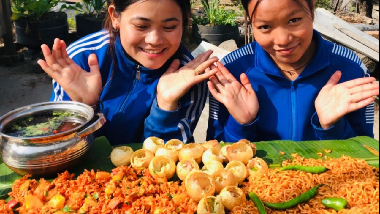 #mukbang  with my sister in law  gilo chapti spicy panipuri and 2xspicy current #food #villagelife