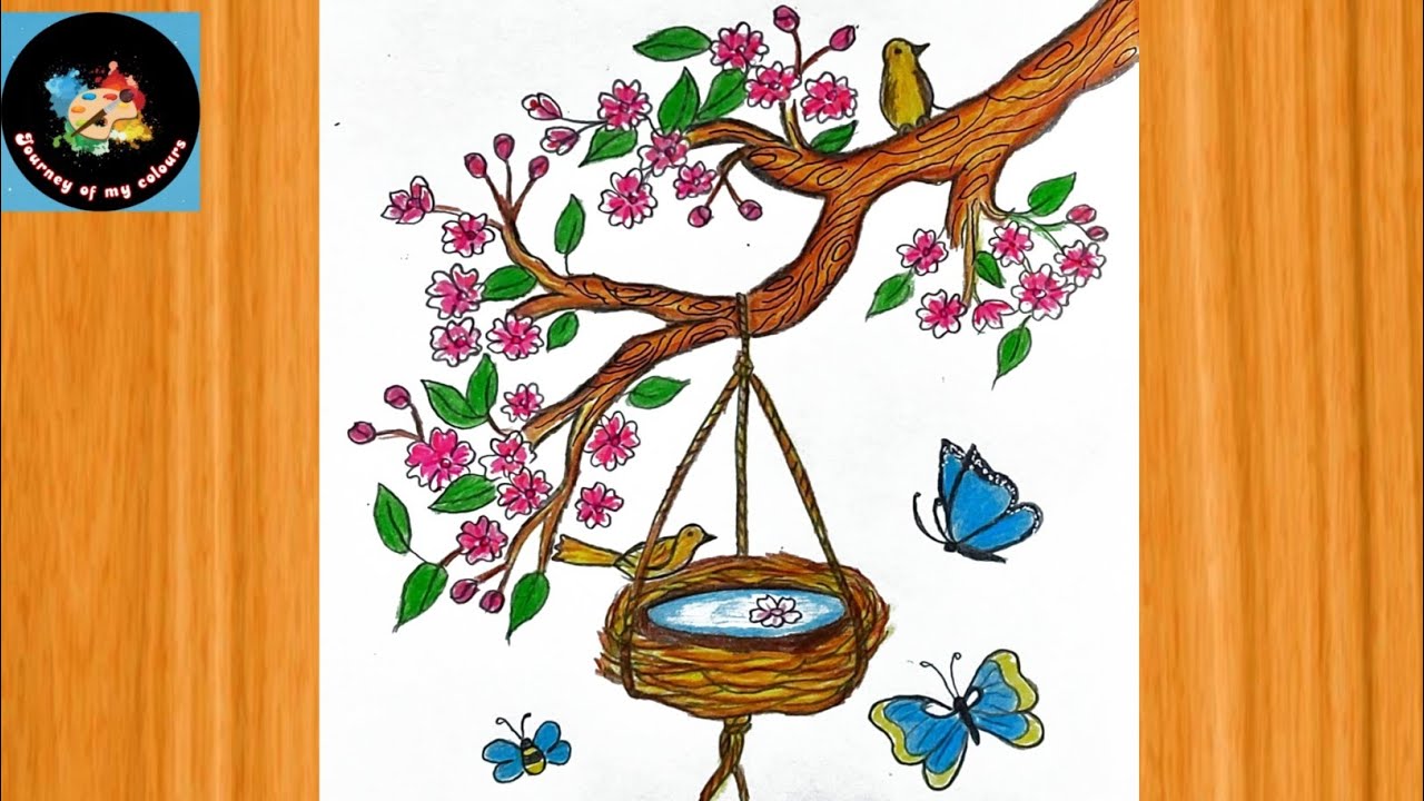 Drawing A Beautiful Tree With Birds ,Nest & Butterfies || Drawing Tutorial.