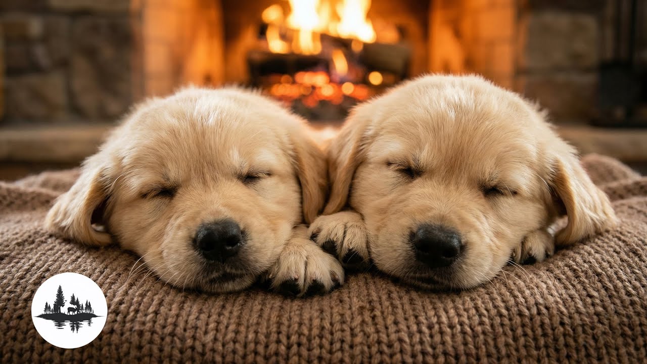 Relaxing Winter Night: Sleeping Puppies, Warm Fireplace & Gentle Piano Music (Stress Relief)