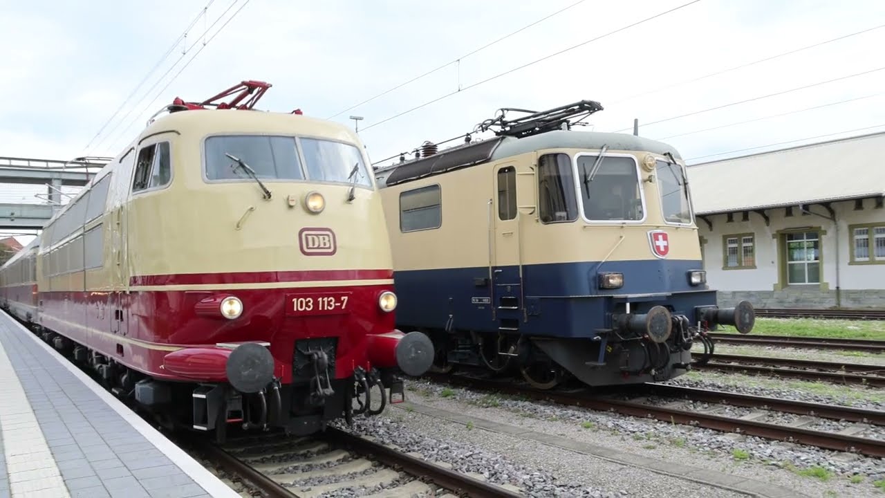 DB/SBB Lokwechsel Konstanz, BR 103 / Re 4/4 II 11387, Extrazug RhB, IR 38 mit Capricorn, 23.08.2025