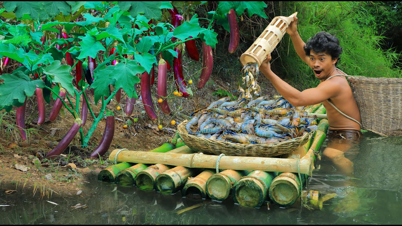 Lobster fishing meets Long eggplant , Long eggplant grows by the river,Lobster in the River