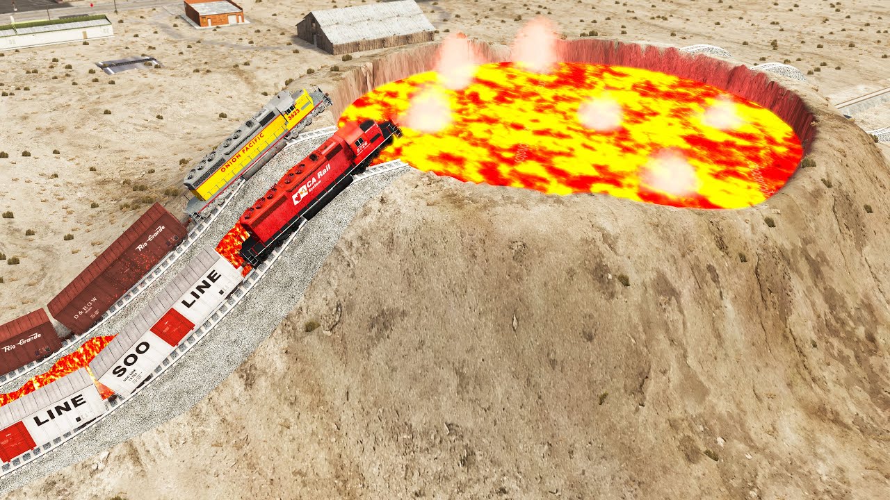 Train and Cars vs Giant Lava Creator & Double Rails - BeamNG.Drive