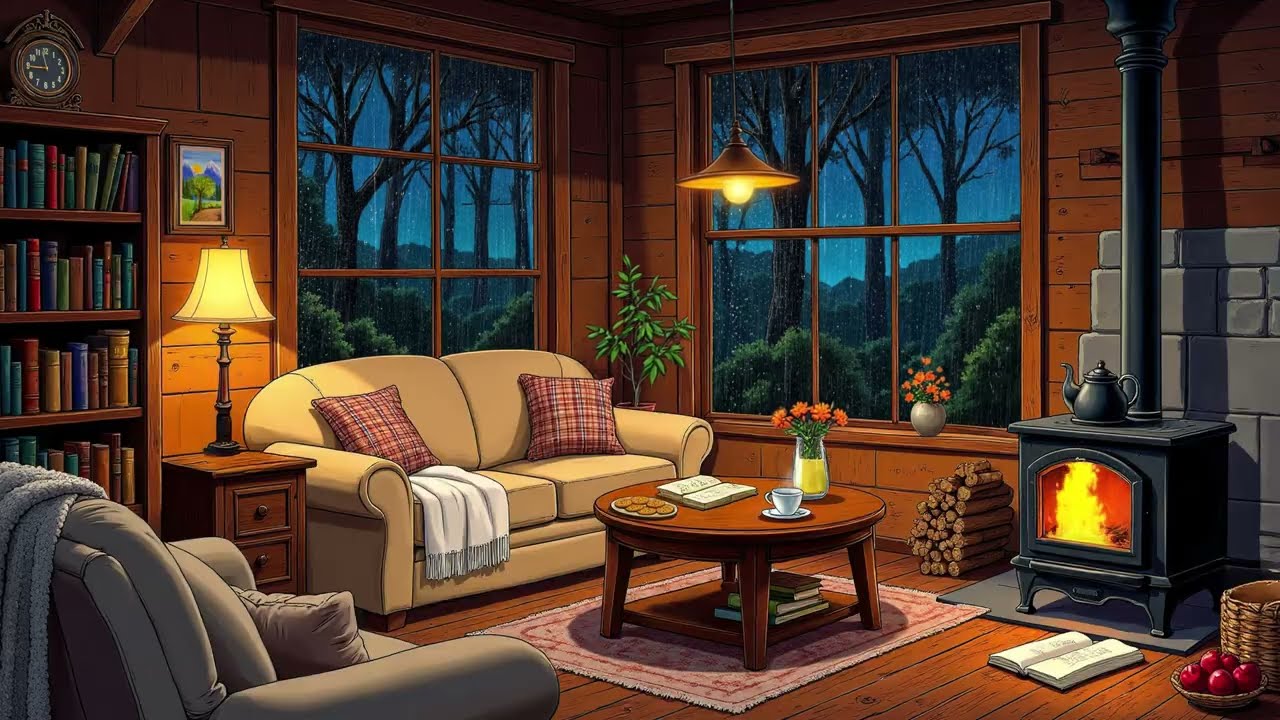 1940s Cozy Rainy Night in a Cottage Room  Vintage Oldies Playing in Another Room Rain Sounds