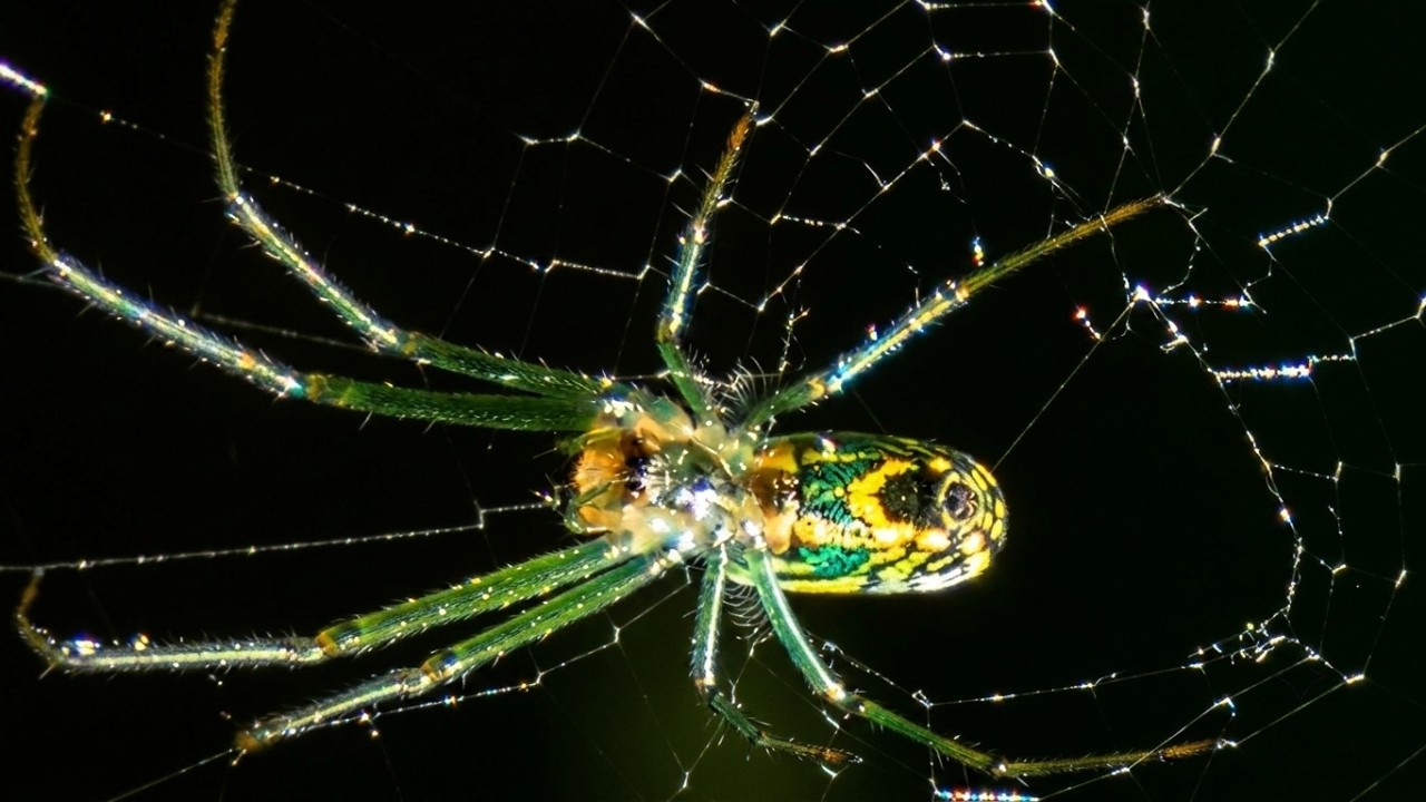 Orchard orb weaver spider making web