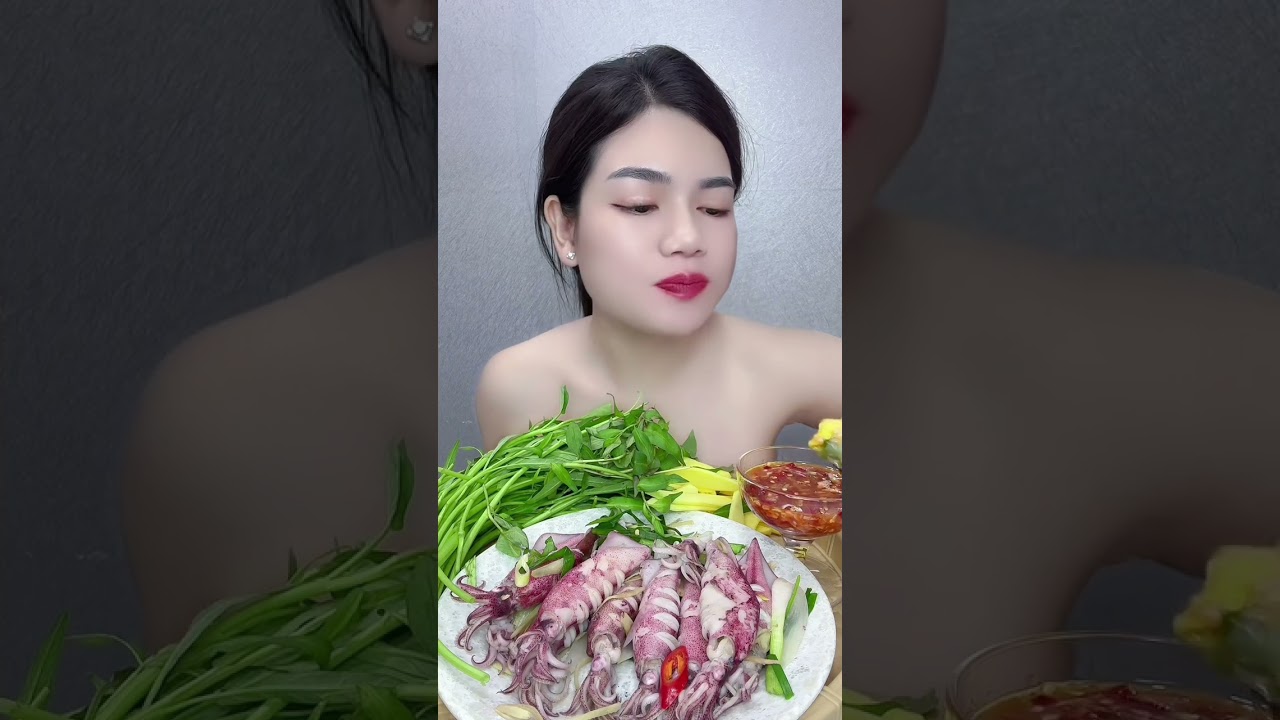 Mực hấp cuốn rau muống ăn quài không ngán luôn #mukbang  #food  #xuhuong