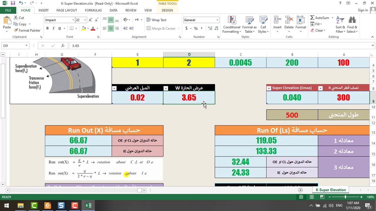 EXCEL SHEET لاستخراج قيم RUN OUT و  RUN OFF  فى الــــ SUPER ELEVATION