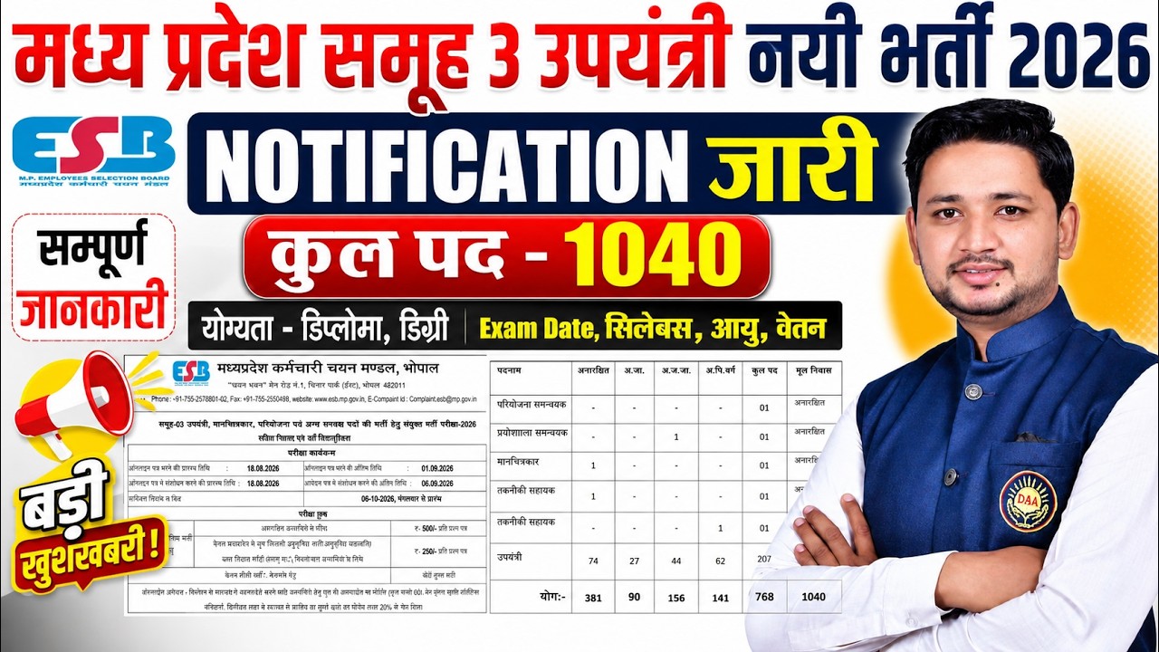 MPESB Group 3 Vacancy 2026 Notification OUT | 1040 Posts | Age, Eligibility, Salary, Syllabus