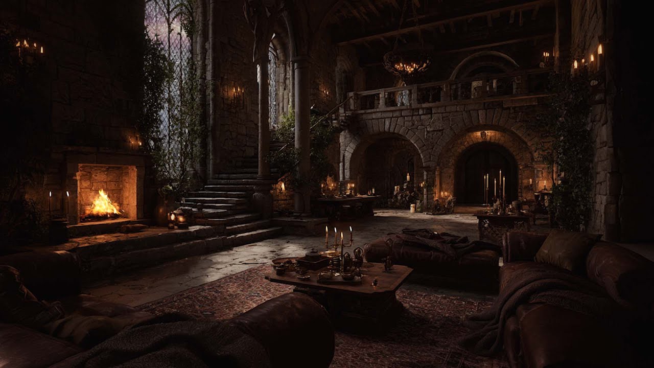 Storms Over the Old Stone Castle Relaxing Rain Thunder Firelight for Sleeping