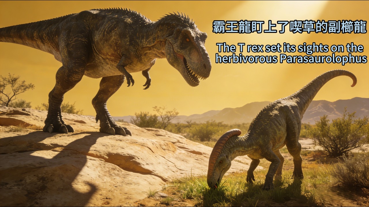 Tyrannosaurus Rex Eyes the Herbivorous Styracosaurus霸王龍盯上了喫草的副櫛龍，副櫛龍逃跑受傷了
