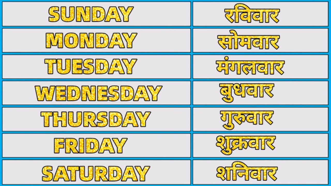 Days of the week। Days Name in English and Hindi। Week day Name। saptha ke din। Sunday Monday