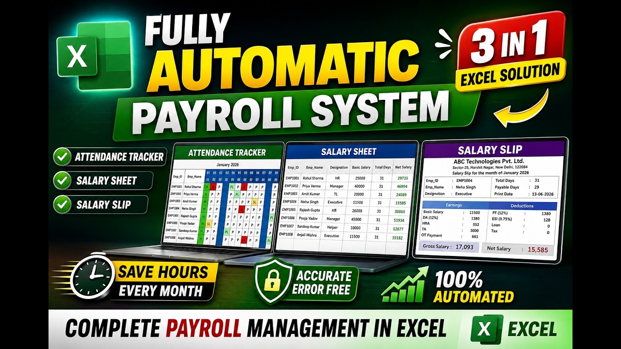 Fully Automated Payroll Management System in Excel 🚀 | Attendance Tracker + Salary Sheet + Payslip