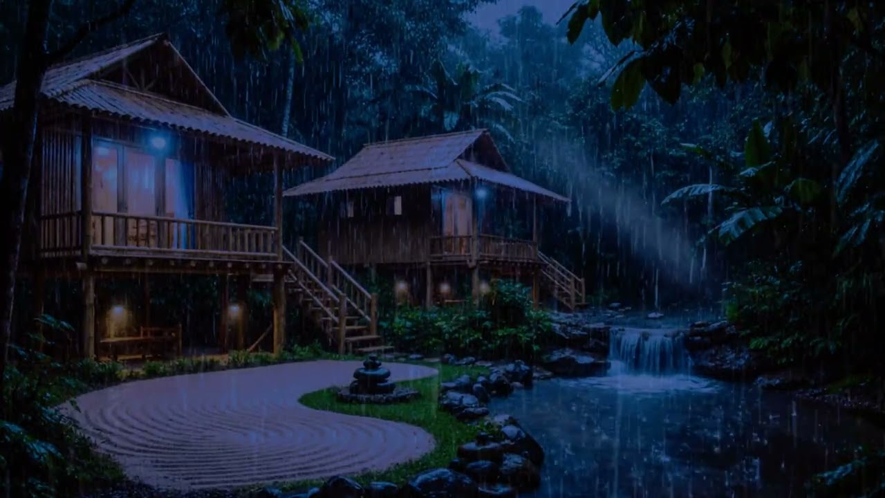 Deep Sleep Guaranteed 🌧️ Two Bamboo Houses by the River & Waterfall at Night