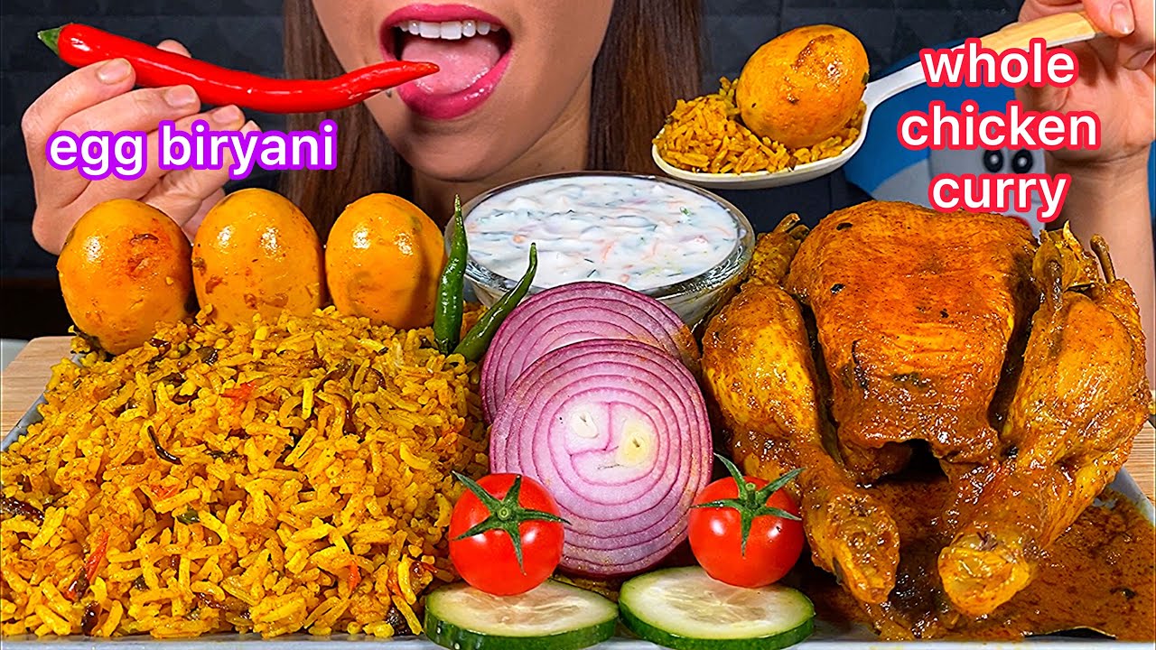 ASMR EATING WHOLE CHICKEN CURRY + SPICY EGG BIRYANI, RAITA, ONION, HOT CHILI  먹방 Real Sounds