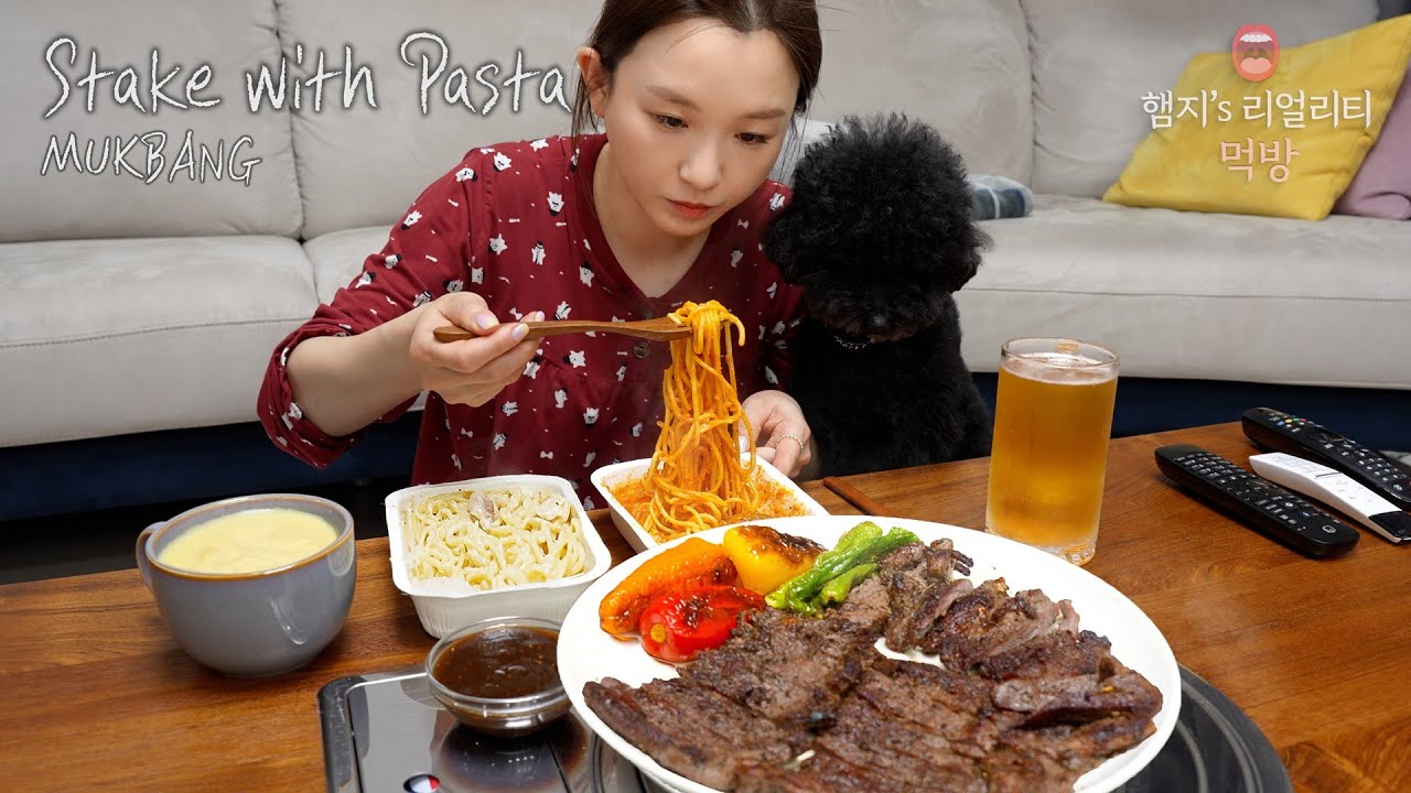리얼먹방▶ 스테이크에 맥주한잔 (ft.까르보나라파스타,함박로제파스타) ☆ 우리집이 