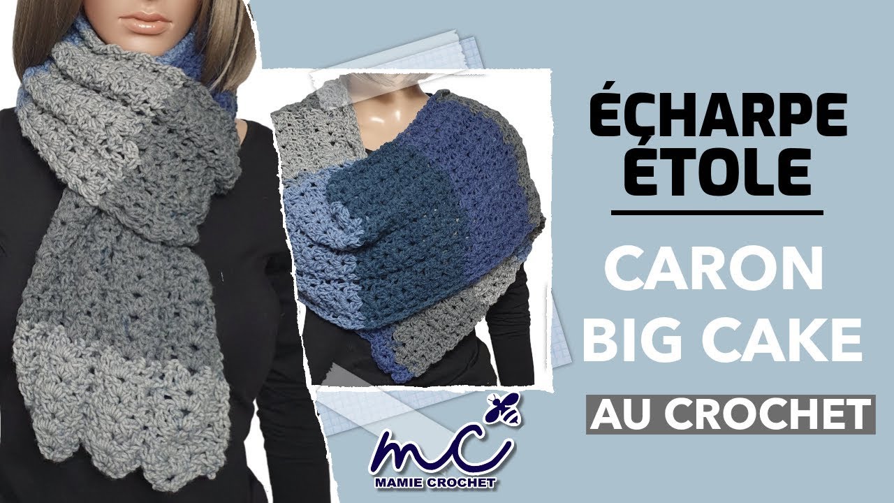 Comment faire une écharpe étole caron big cake mixte au crochet, pas à pas tuto debutante facile
