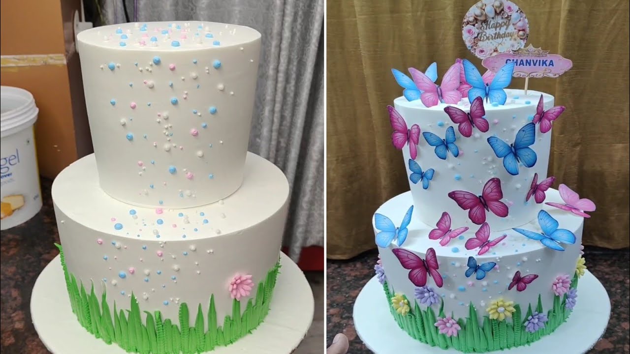 🦋 Beautiful Pink & Blue Butterfly 2 Tier Birthday Cake 🦋