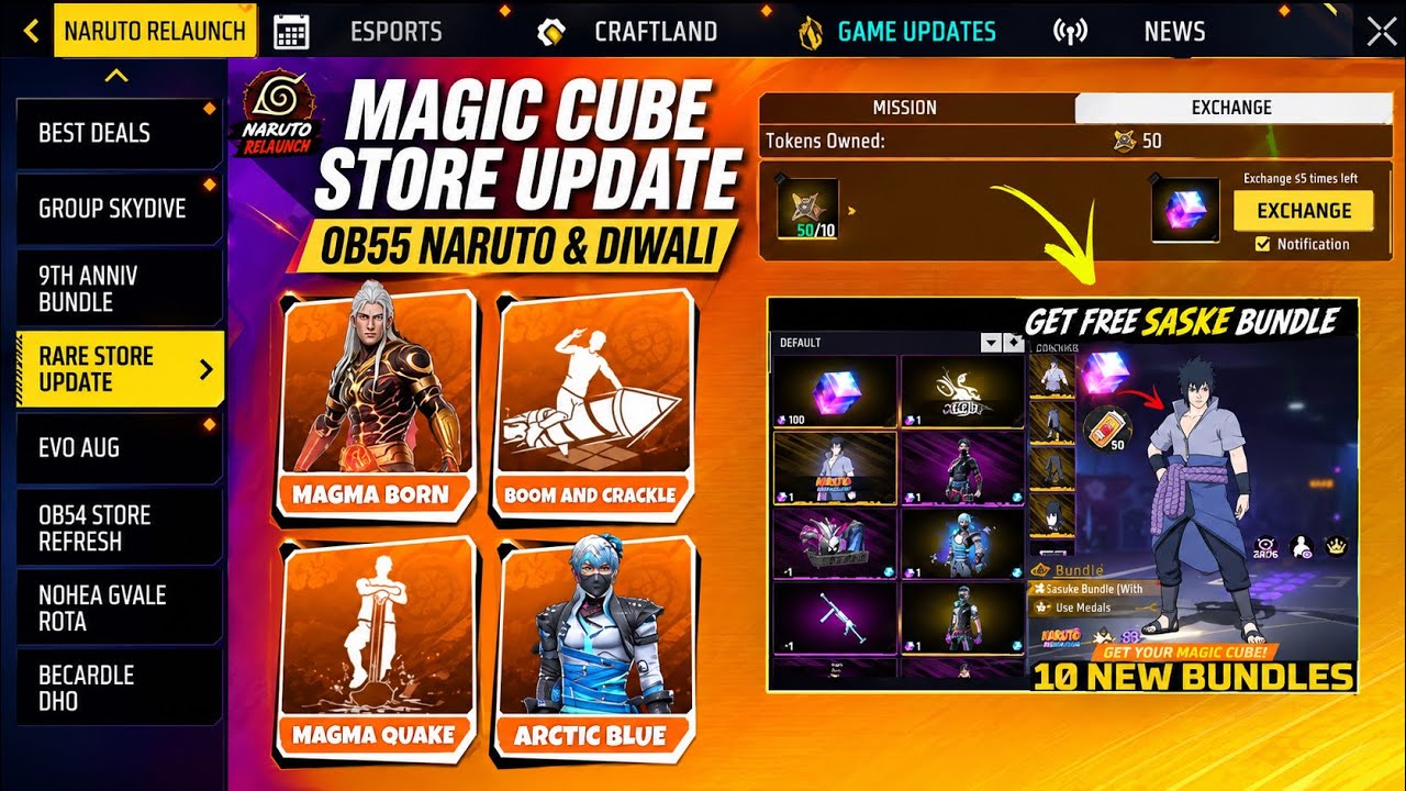 OB55 Naruto Diwali Special Magic Cube Store Update 🔥 Free Sasuke Bundle + Magic Cube | FF New Event