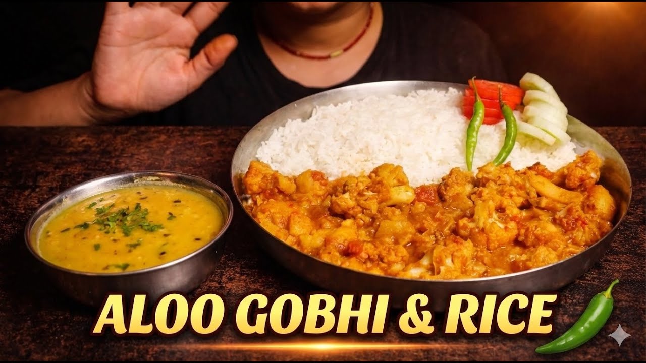 Eating Lots of Spicy Aalu Gobhi + Rice + Salad +Big bite Indian tatsy khana Veg Eating show ASMR