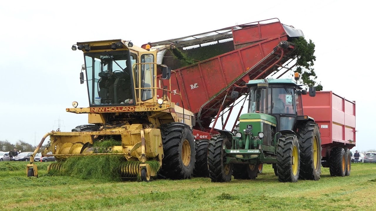New Holland 1905 self-propelled Forage Harvest Cutting Grass w/ Tim Buggy Wagon | Danish Agriculture