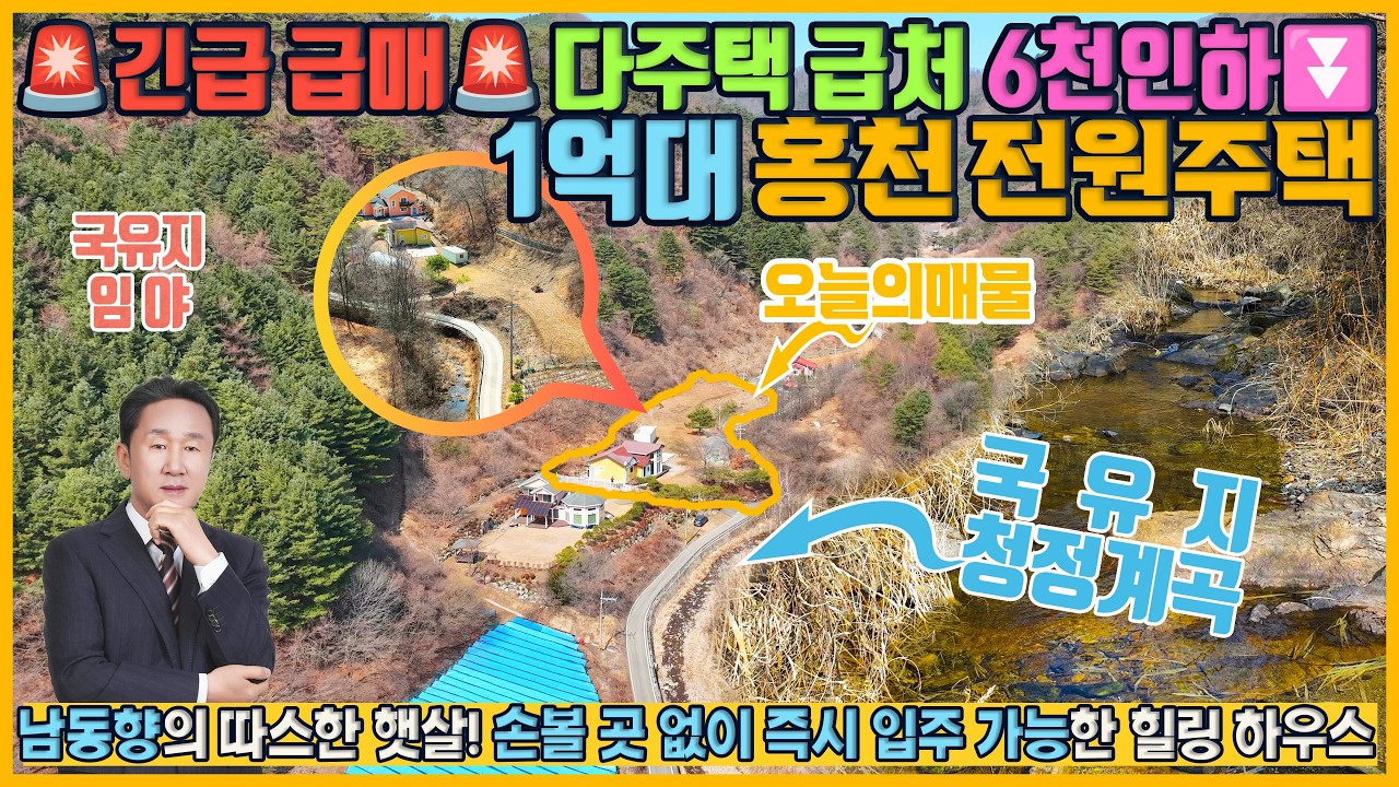 [매물번호 965 ] 1억대 중반 홍천 전원주택매매 수천만평 국유지 맞닿은 숲세권 하우스, 6천만원 파격 인하! 맑은 계곡, 광활한 임야 품은 터