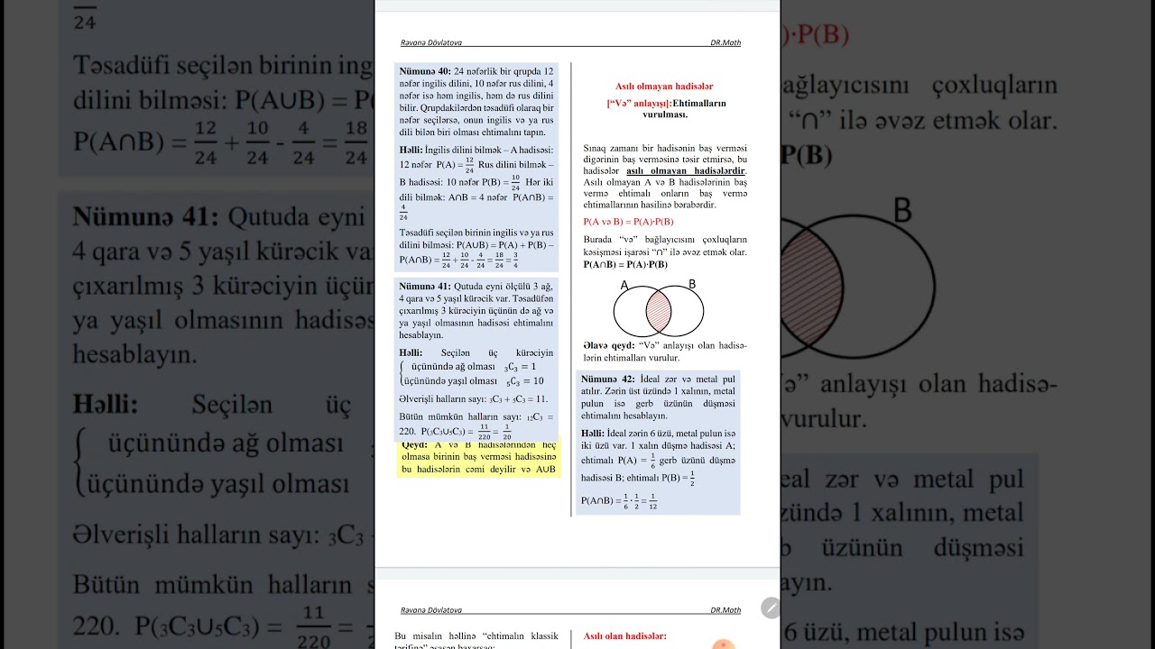 Ehtimal Nəzəriyyəsi izah və Nümunələr
