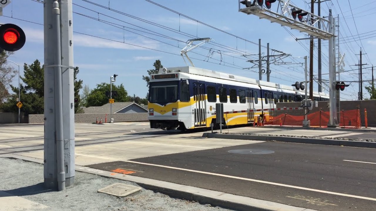 SACRT Blue Line Test Train With Refurbished UTDC Cars passing Meadowview Road Railroad Crossing