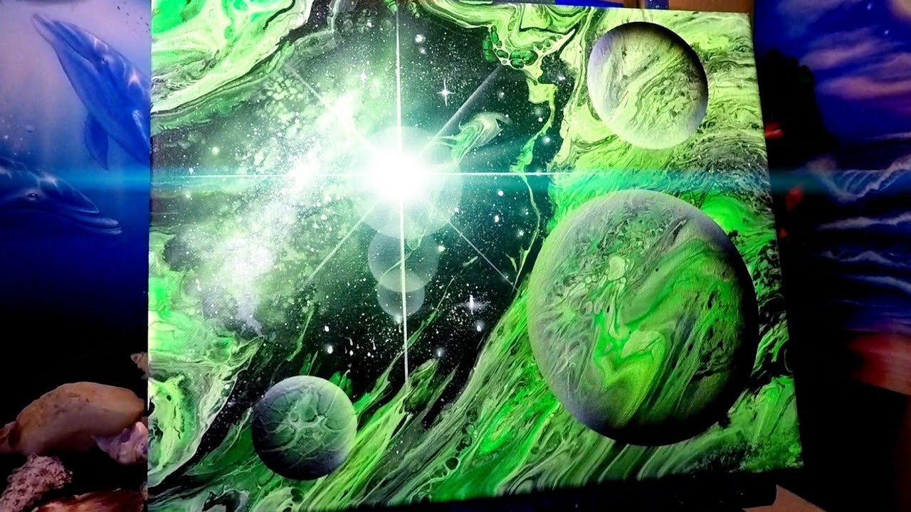 THE FIRST GREEN ACRYLIC GALAXY POUR WITH STARS PLANETS AND NEBULA ART