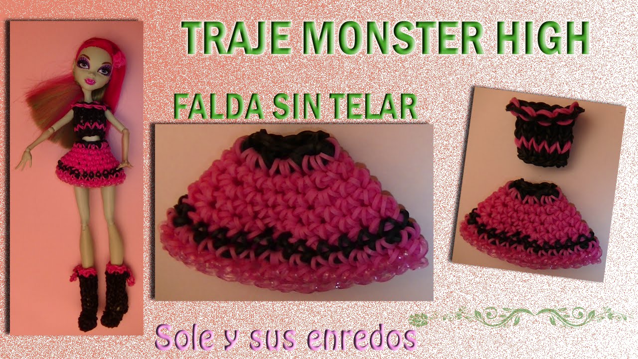 Cómo hacer sin telar la Falda de un Traje para la muñeca Monster High con gomitas elásticas