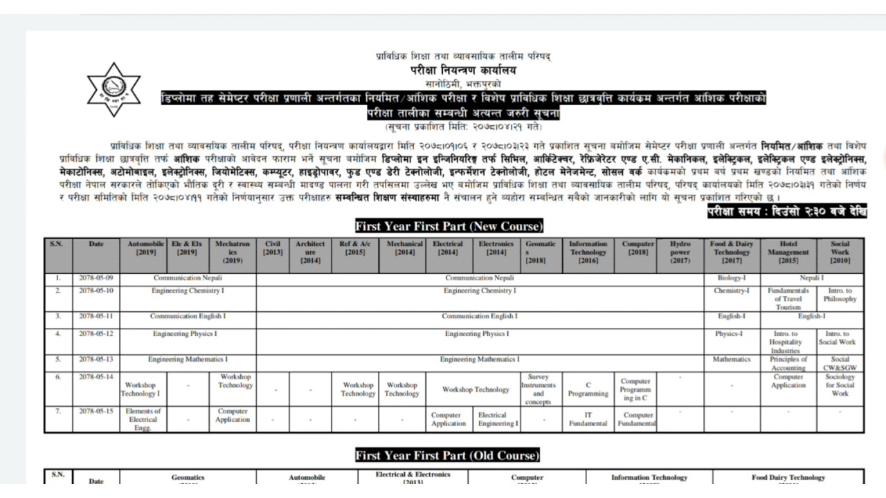 CTEVT Diploma Level Semester Exam Routine |