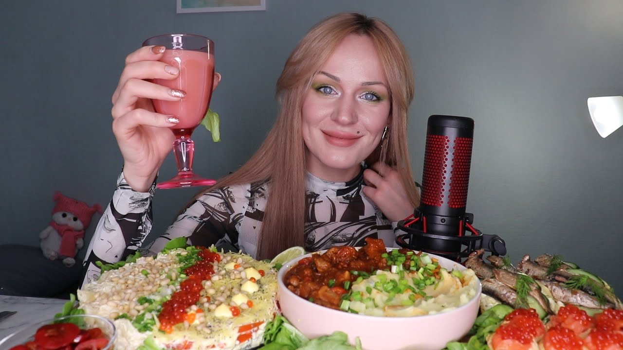 MUKBANG | 2 салата, пюре, гуляш, тарталетки, бутерброды | salads, potatoes with meat, snacks не ASMR