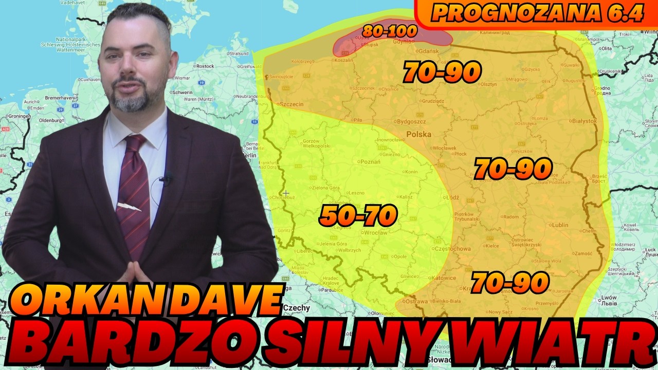 Bardzo silny wiatr. Do 90-100 km/h. Konwekcja i burze. Ochłodzenie. Orkan Dave. Ostrzeżenia