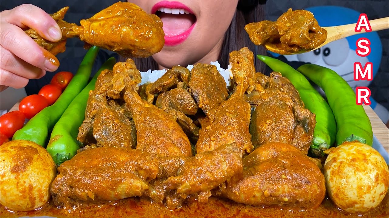 ASMR SPICY CHICKEN CURRY, CHICKEN LIVER & GIZZARD CURRY, CHILLI & RICE 먹방 Eating Sounds