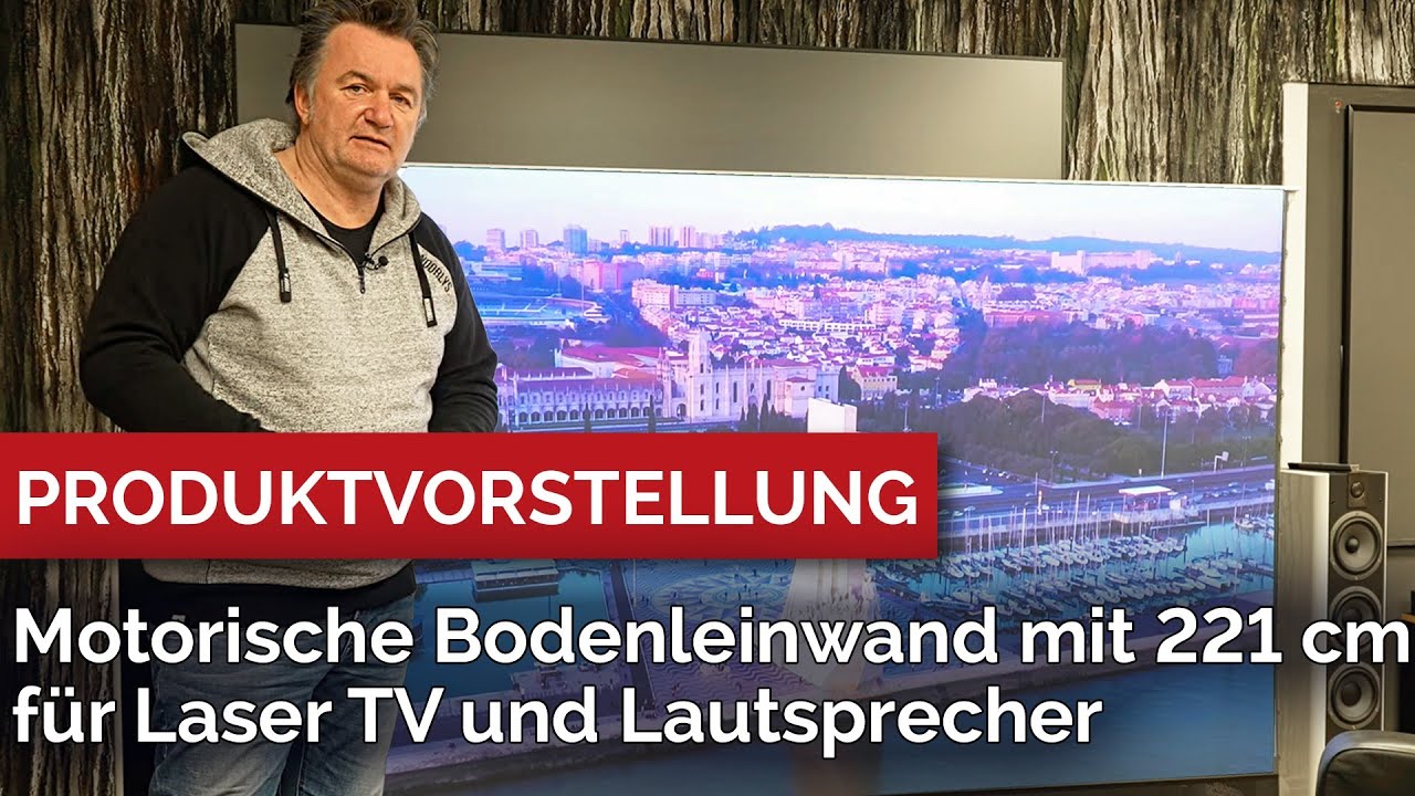 221 cm breite motorische Bodenleinwand für Laser TV und Lautsprecher - hier seht ihr die Details.