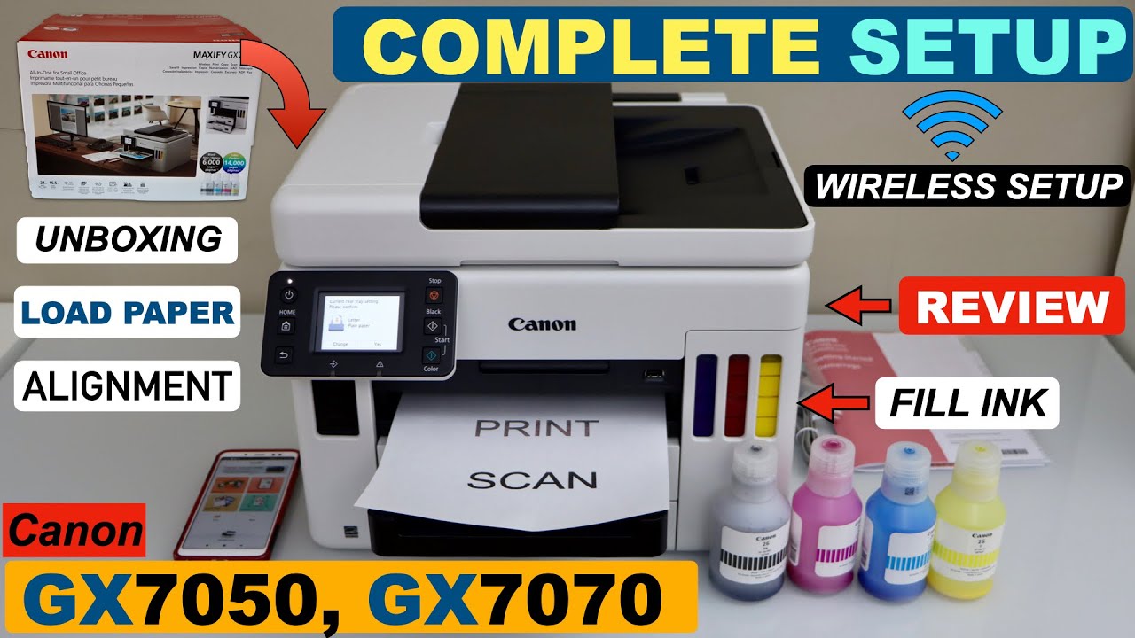 Canon MAXIFY GX7050, GX7070 Setup, Install Ink, Alignment, Wi-Fi Setup Phone, Print & Scan Review !!