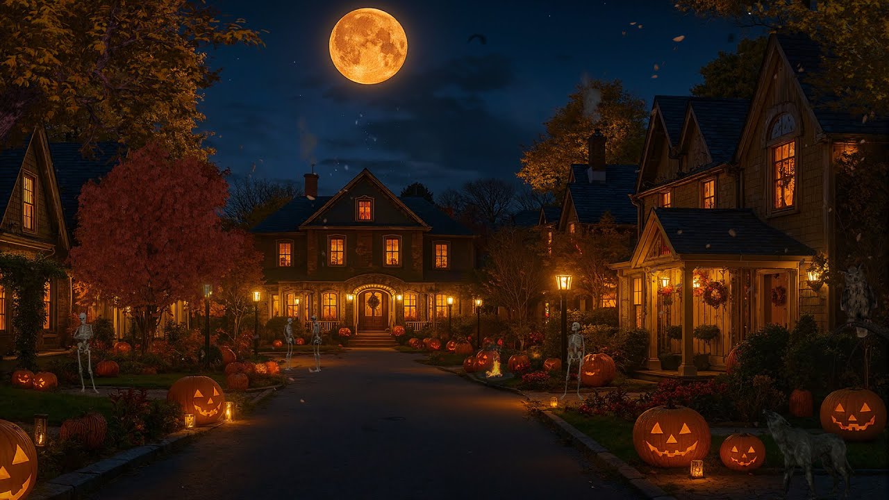 Cozy Halloween Street Ambience - Falling Leaves, Bonfire, Jack-o'-Lanterns & Spooky Night Sounds