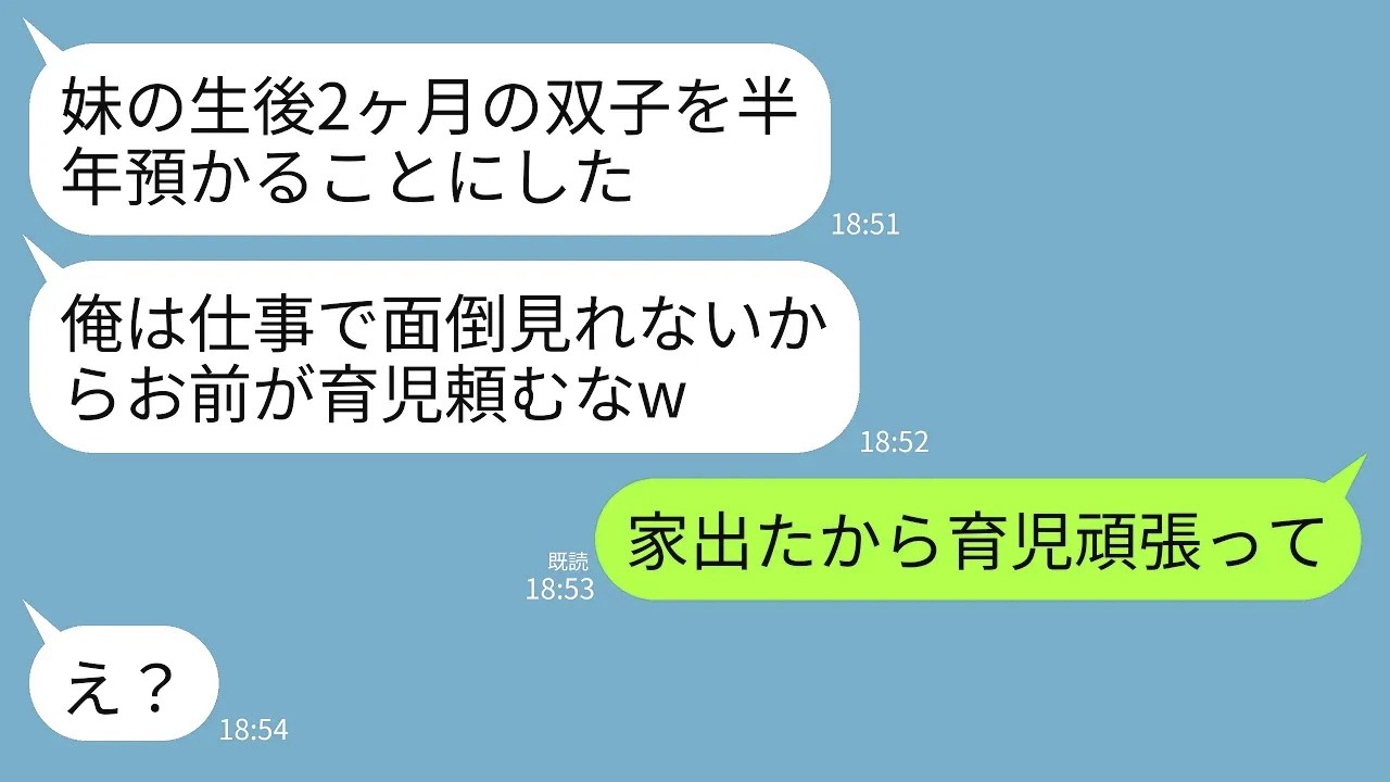 【LINE】1歳児のいる我が家に生後2か月の義妹の双子を勝手に半年も預かる夫「俺は仕事忙しいし育児はお前に任せたw」→速攻で我が子と家を出たら残された夫から号泣連絡がwww