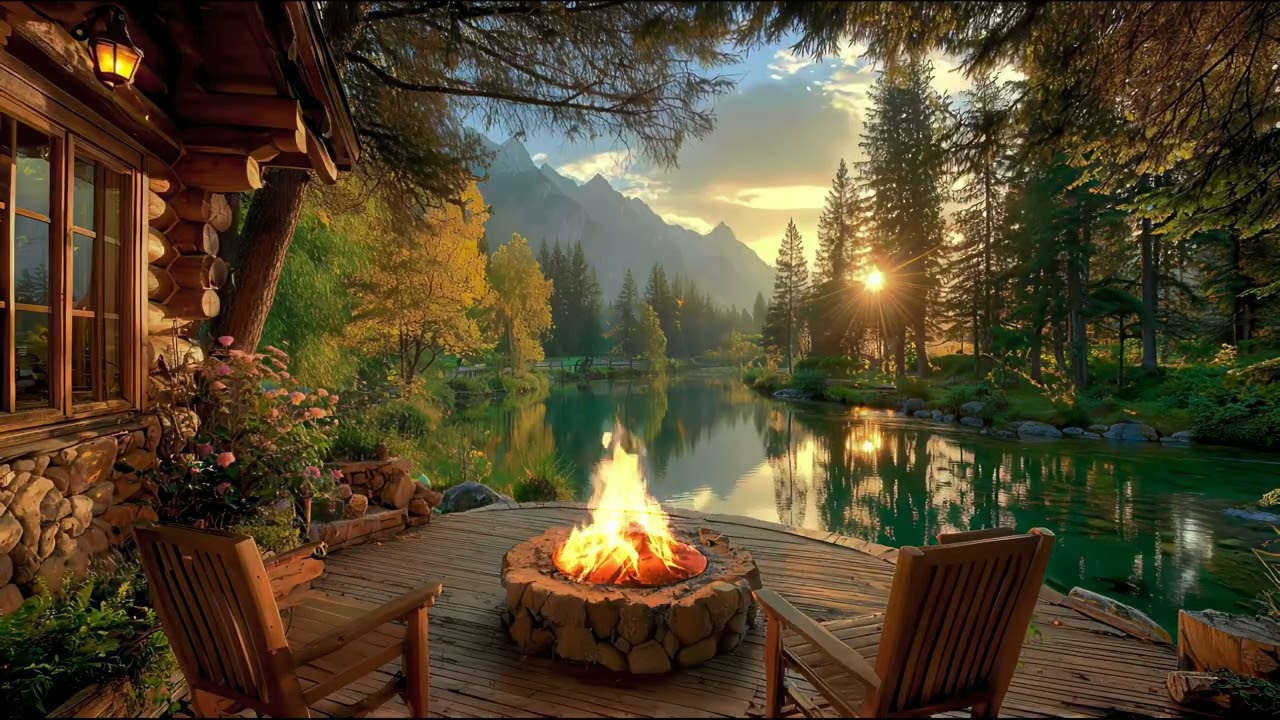 Golden Hour Porch Ambience Beside the River | Crackling Fire, Forest & Nature Sounds for Relaxation