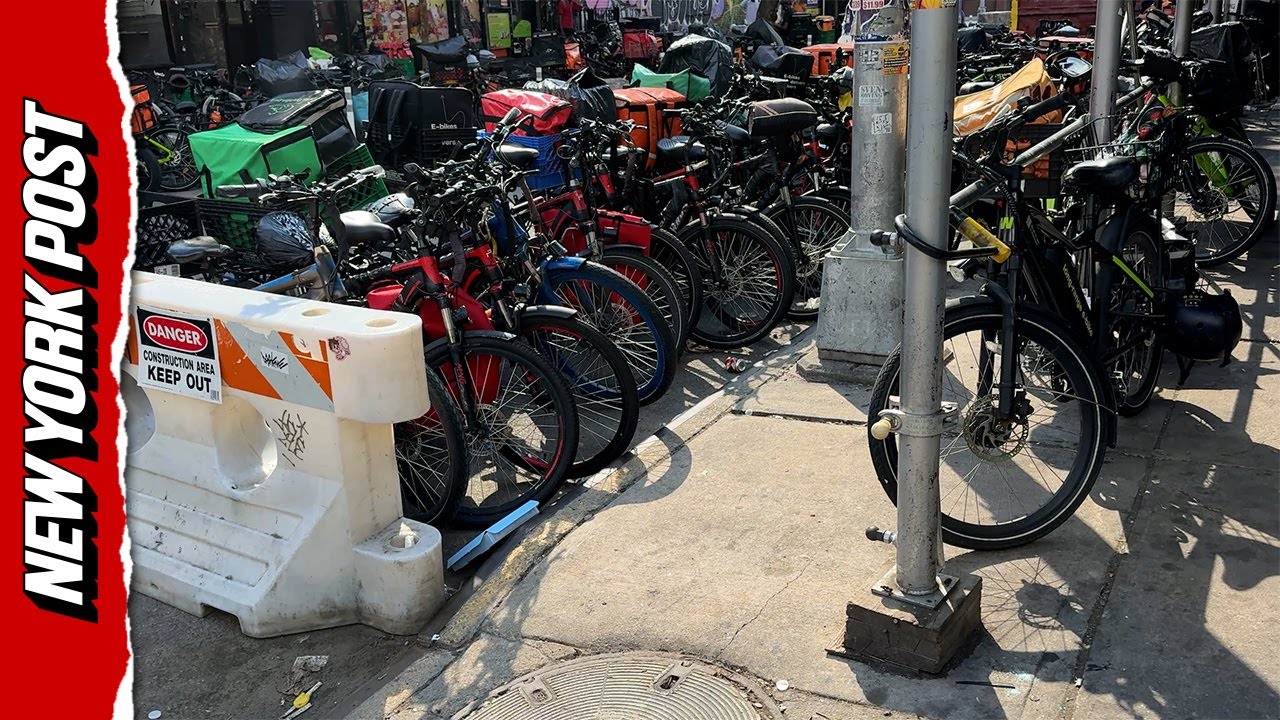 NYC block taken over by migrant workers for delivery bike parking
