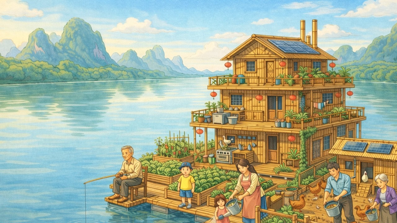A Peaceful Family Life on a Floating Houseboat   Ghibli Style ASMR