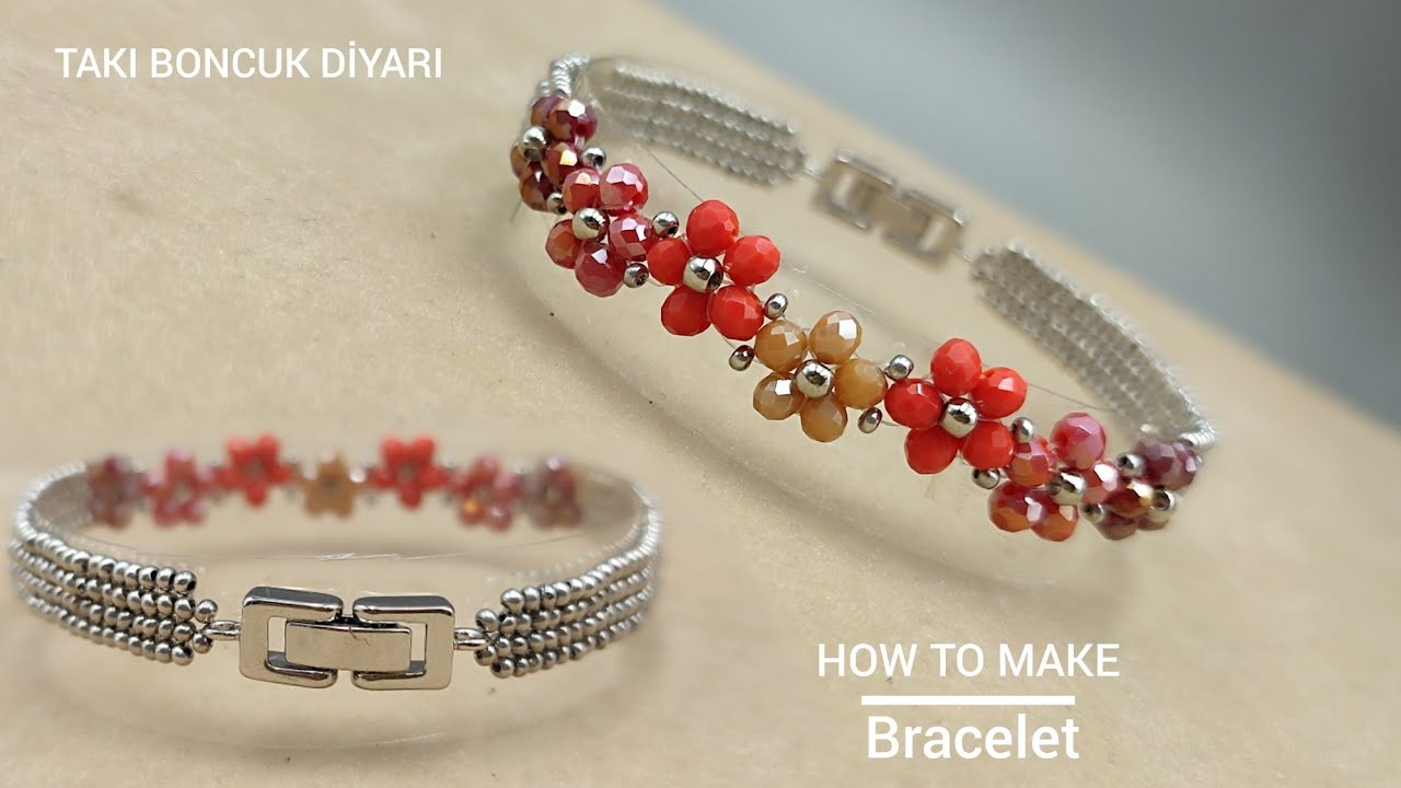How to make flower beaded bracelet with seed beads and crystal bicones / Çiçek bileklik yapımı