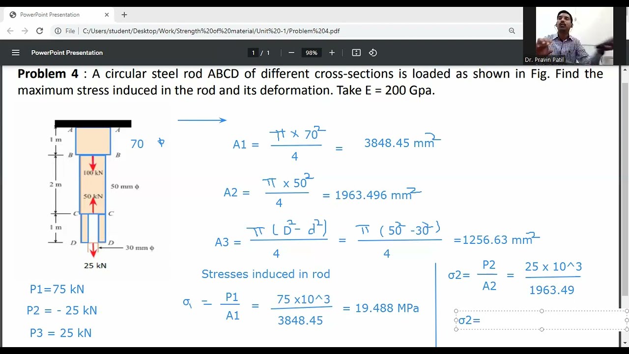 Problem 3)-Maximum stresses & elongation in  rod/ Deformation in rod/Simple stress and strain